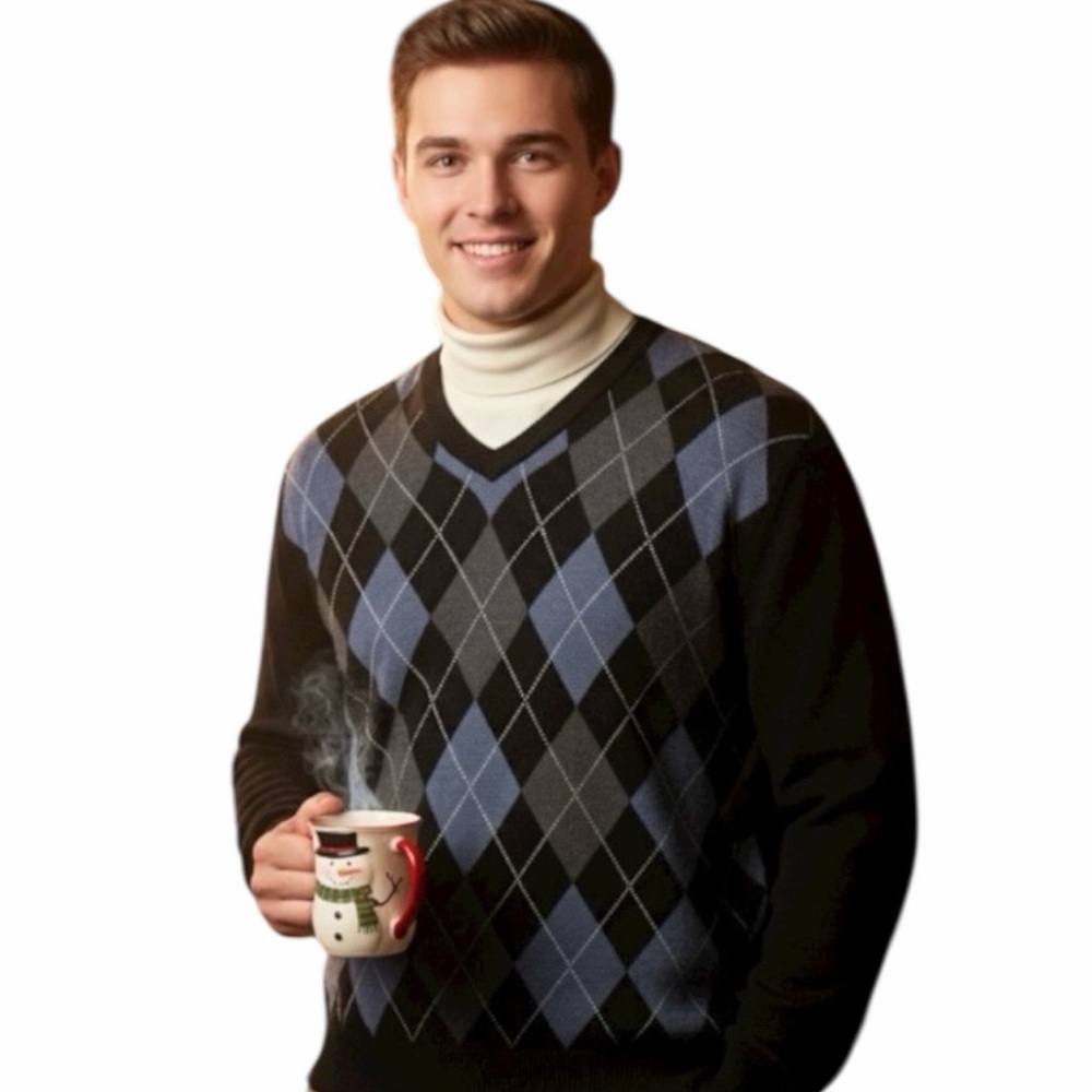 Tom James Men’s Argyle V-Neck Sweater Large Black Gray Blue Wool Blend Classic
